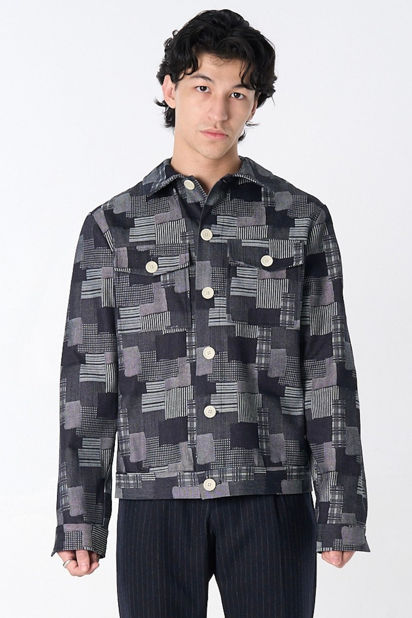 "Dean" Jacket in Dark Denim Patchwork Jacquard