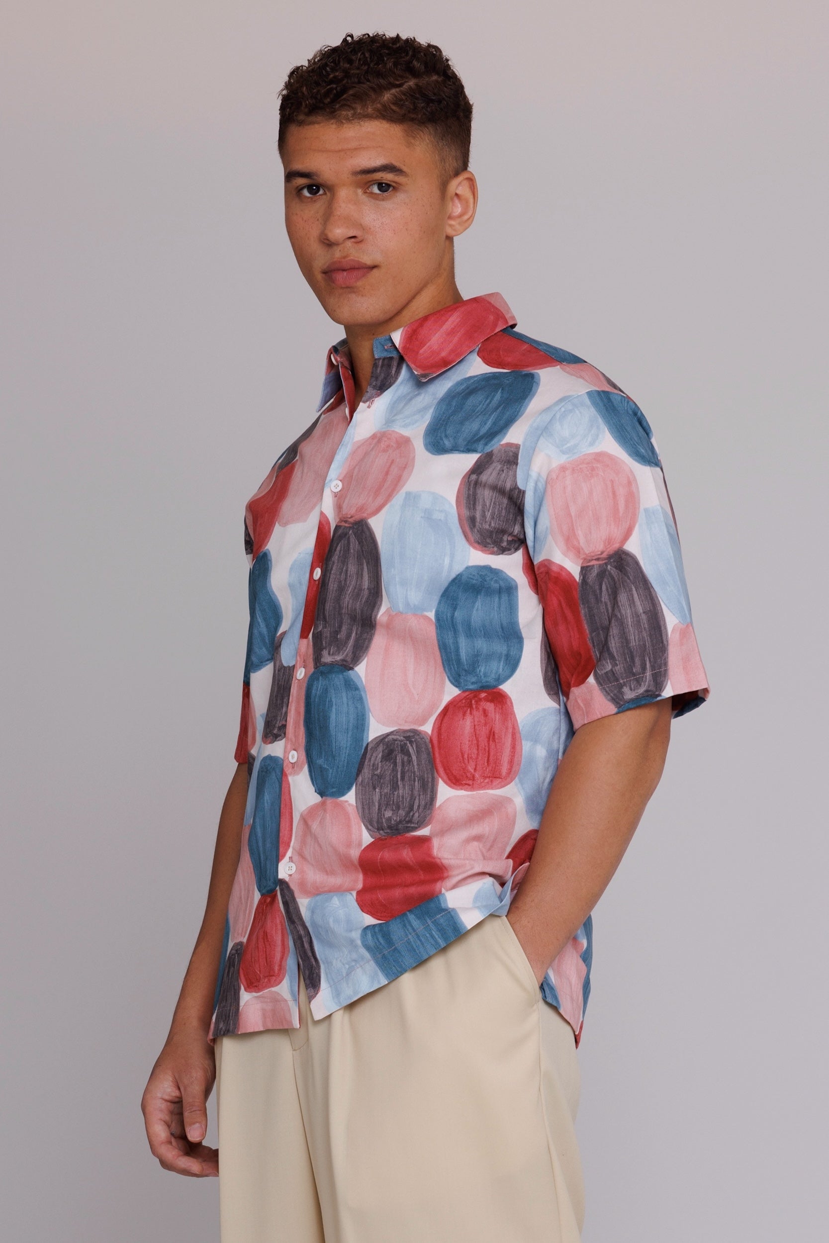 "Flowers" Button Up Shirt in Red & Blue Dots Print