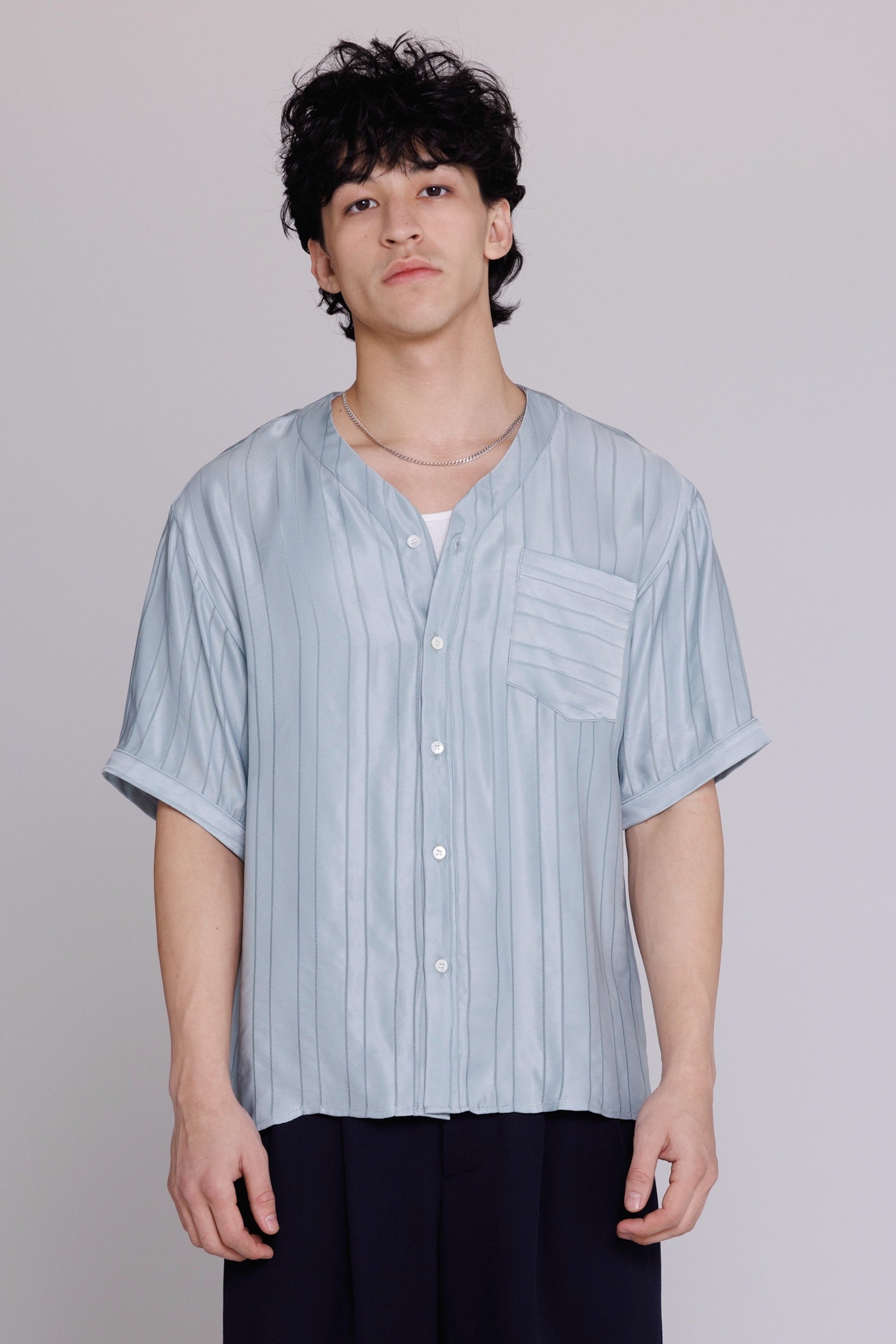 "Valenzuela" Baseball Collar Shirt in Blue Satin Stripe