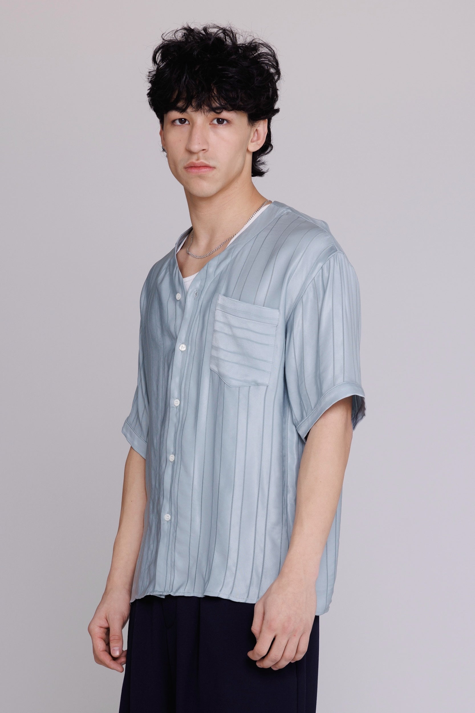 "Valenzuela" Baseball Collar Shirt in Blue Satin Stripe