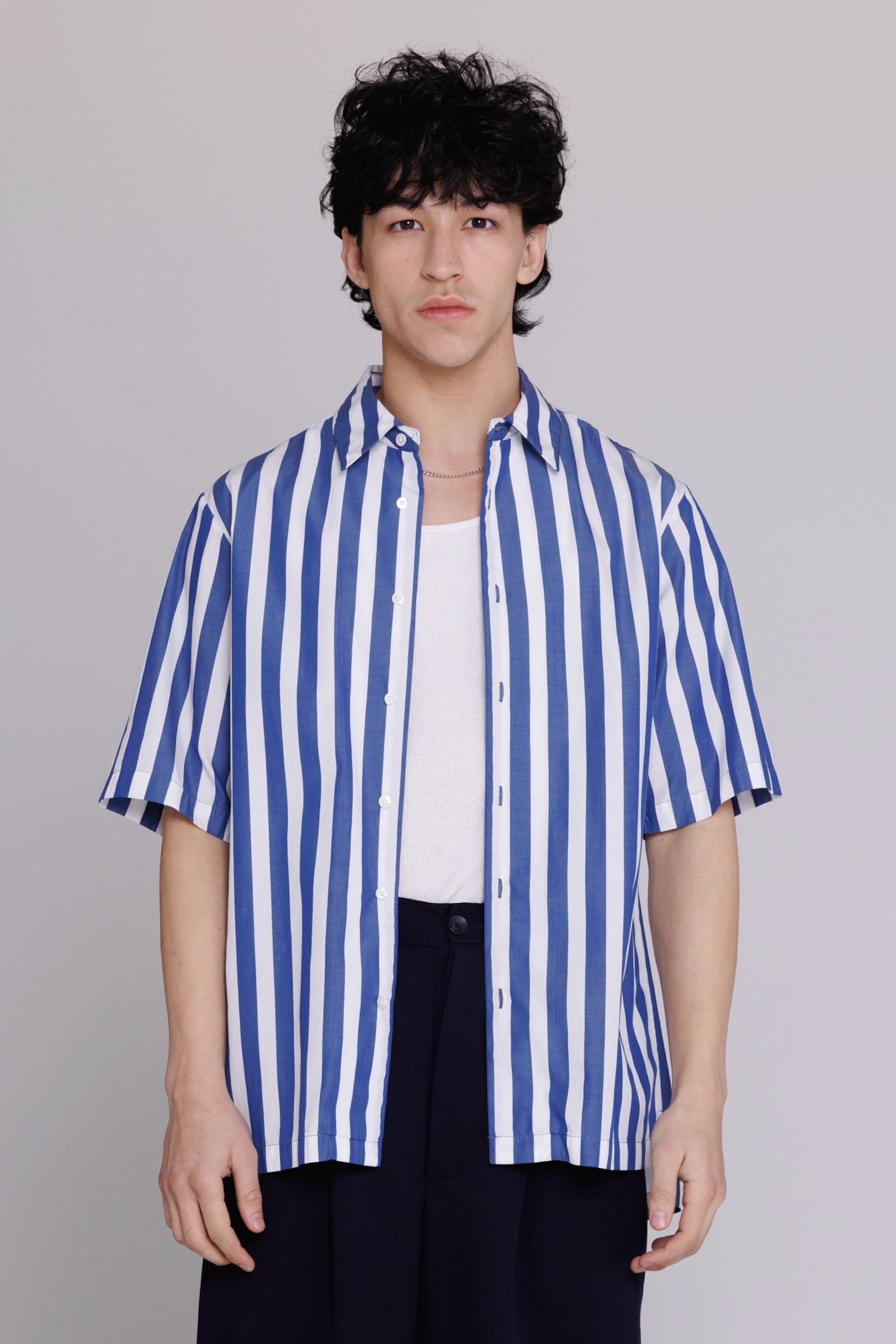 "Flowers" Button Up Shirt in Blue & White Bar Stripes