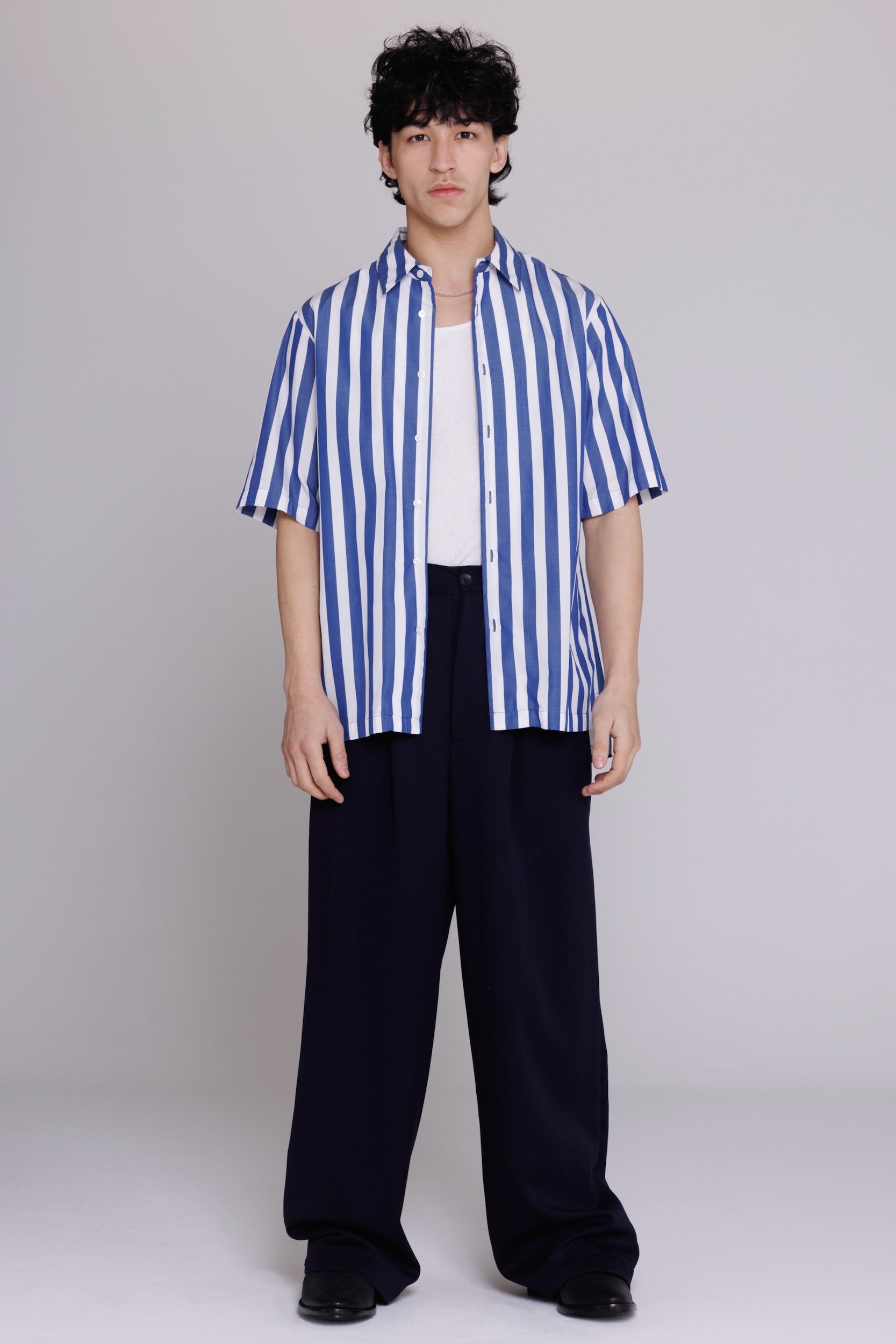 "Flowers" Button Up Shirt in Blue & White Bar Stripes