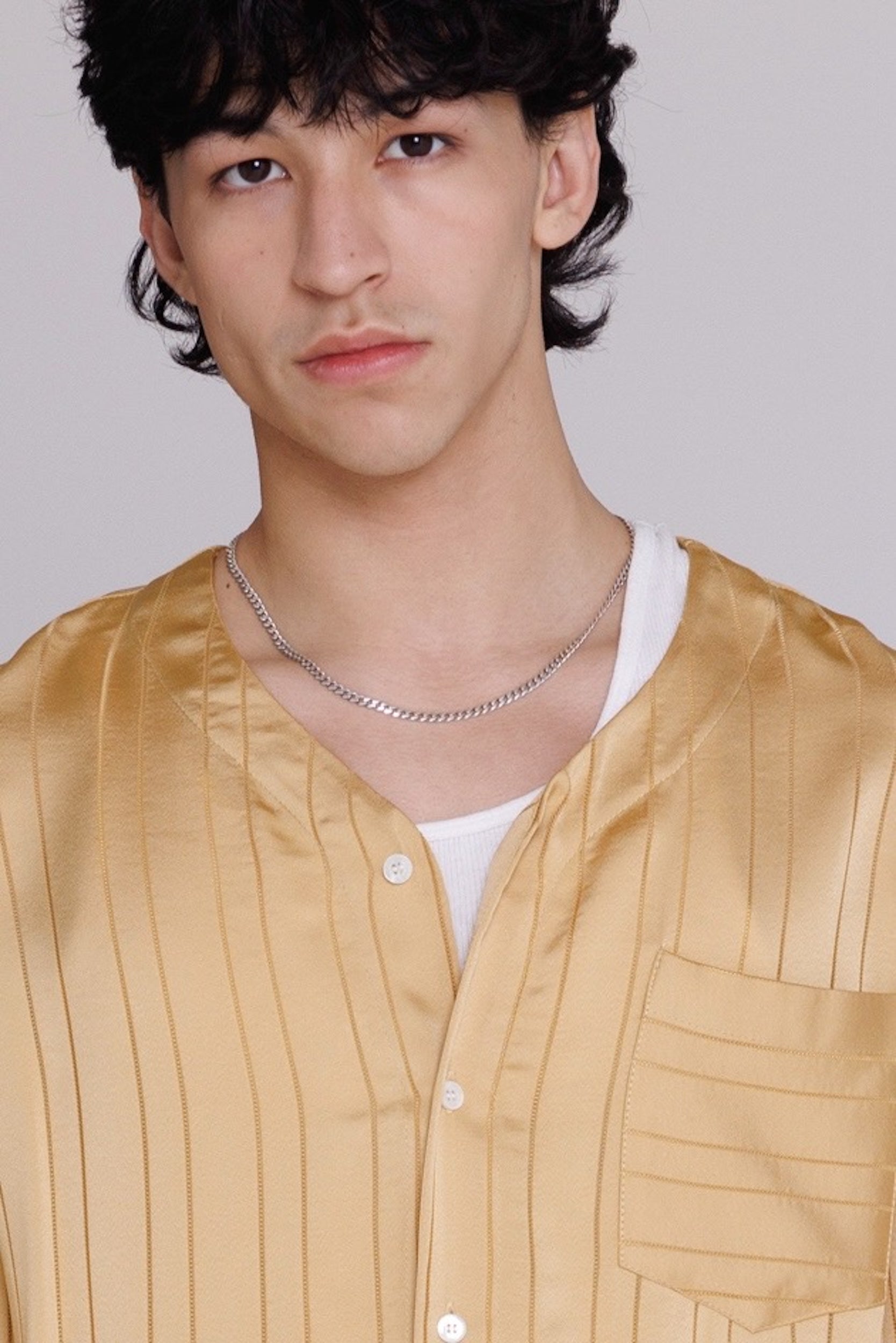 "Valenzuela" Baseball Collar Shirt in Gold Satin Stripe