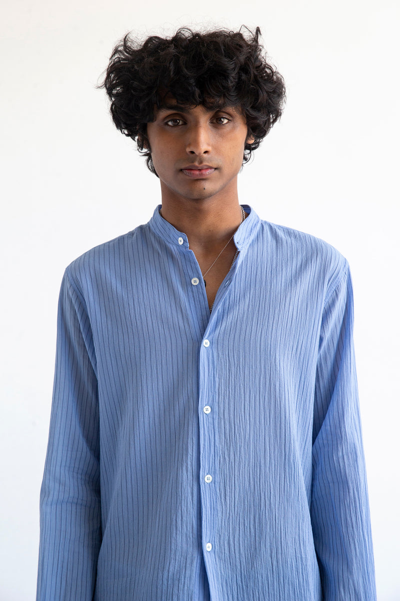 'Liam' Band Collar Light Blue / Blue Stripe Long Sleeve Shirt