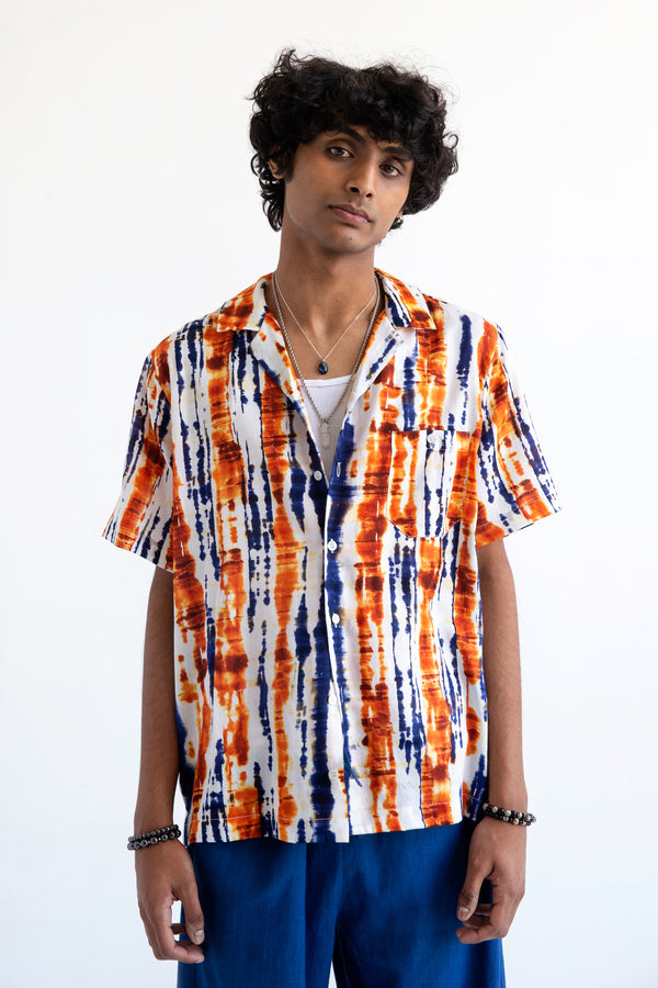 Mens blue and orange batik print camp collar shirt