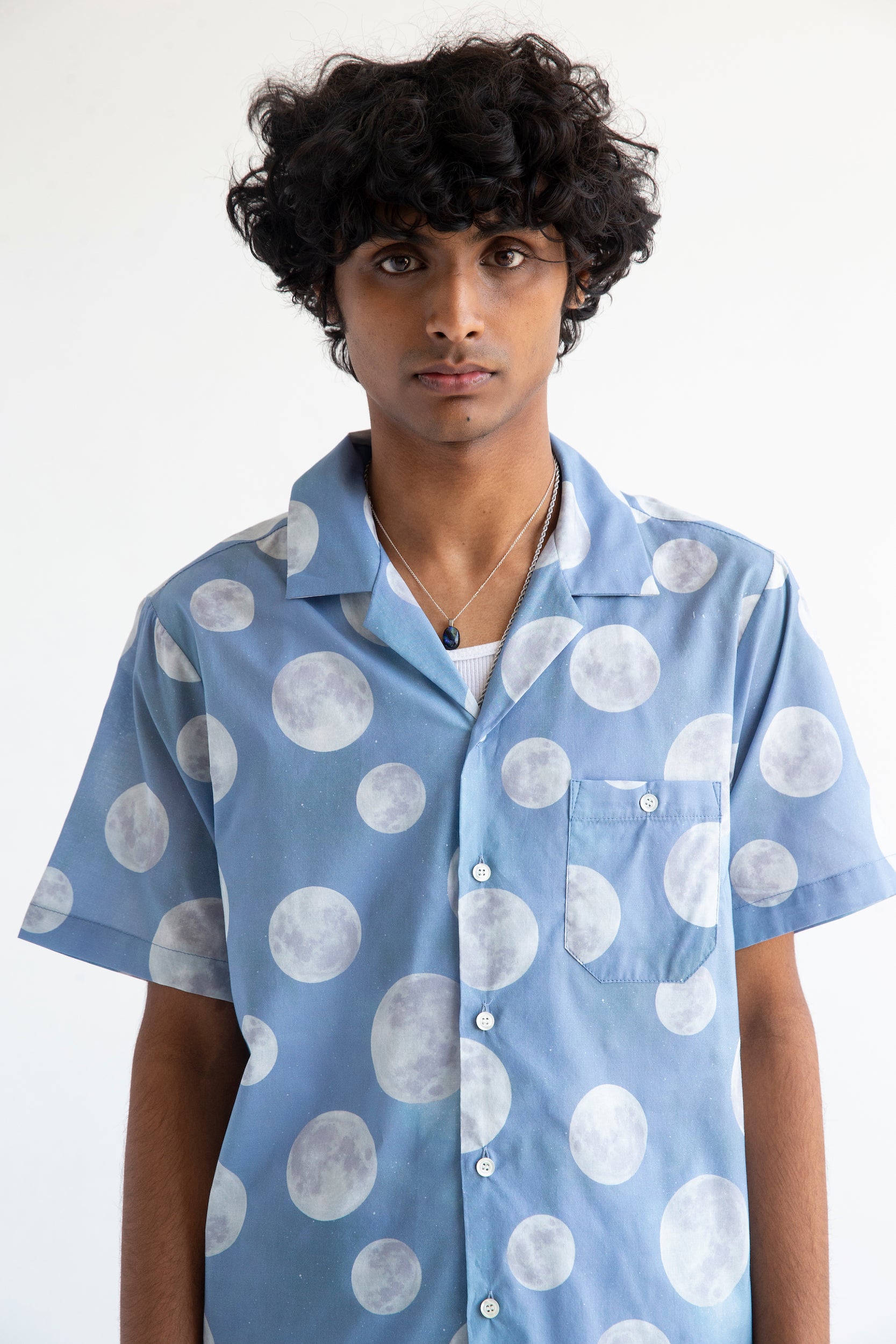 collared light blue shirt with moon print