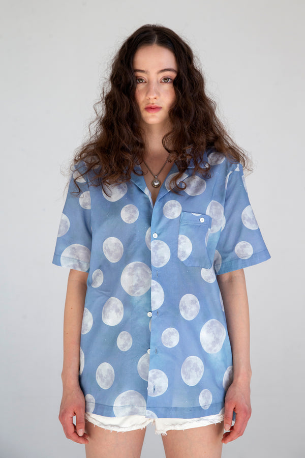 light blue short sleeve shirt with moon print