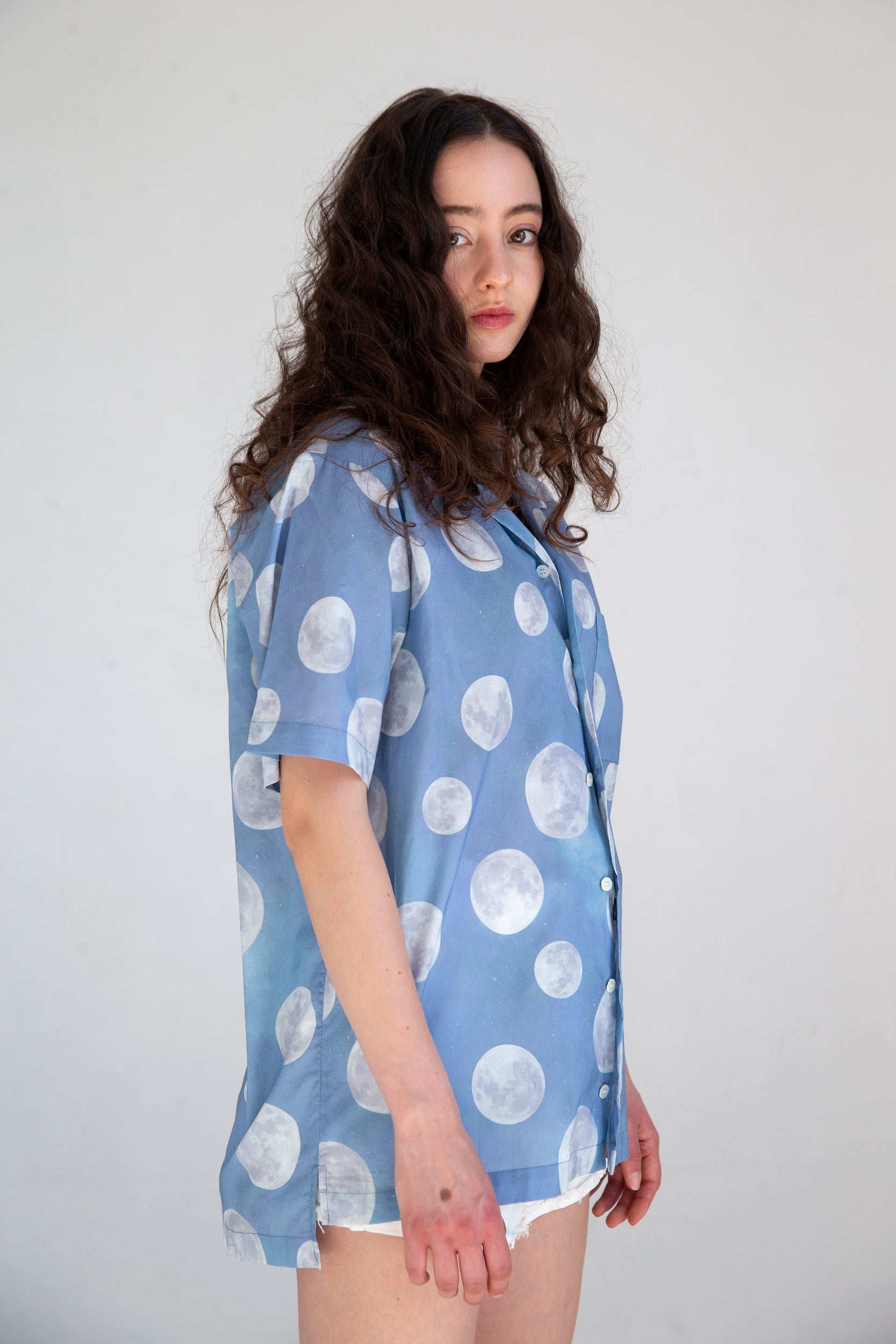 side view of mens moon print shirt
