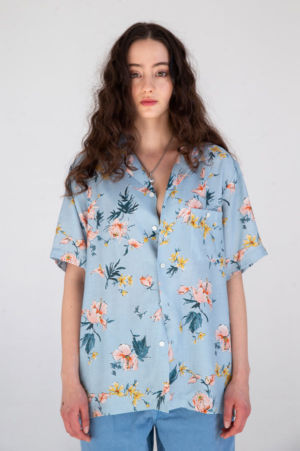 powder blue hibiscus print shirt