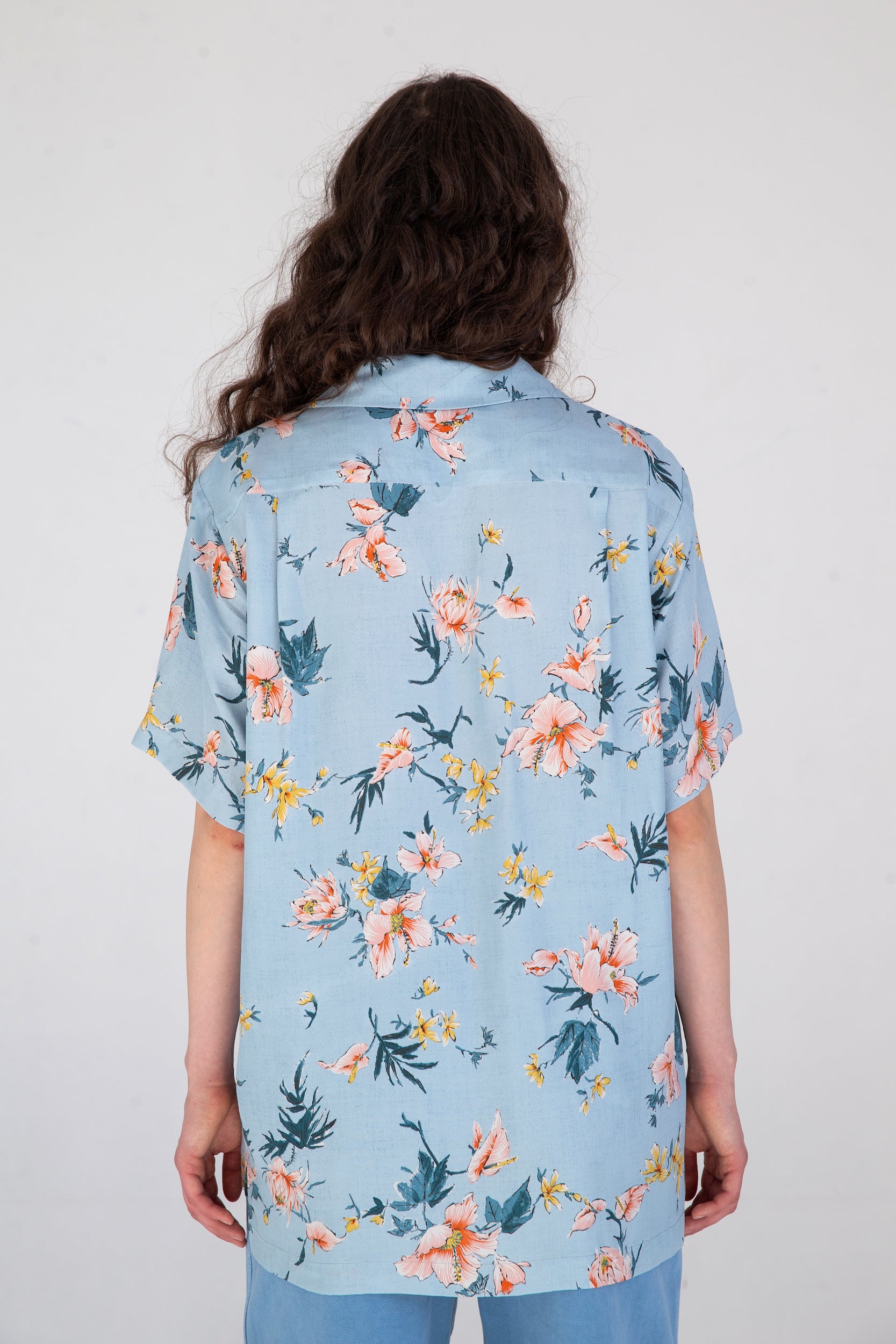 back view of floral print light blue shirt